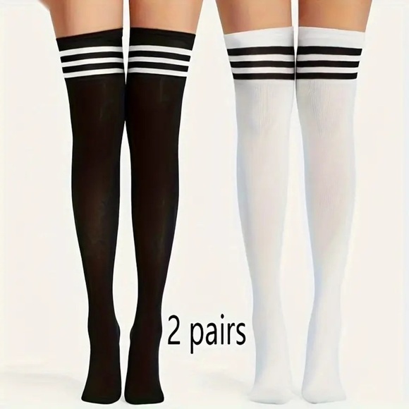 not branded Accessories - NWT 2 Pair of Thigh High/Over the Knee Black and White Tube Socks w/ 3 Stripes